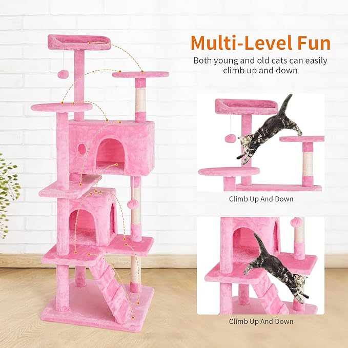 PayLessHere Cat Tree 54in Cat Tower with Cat Scratching Post, Multi-Level Cat Condo Stand House Furniture Kitty Activity Center with Furry Ball Toys for Indoor Cats (Pink)