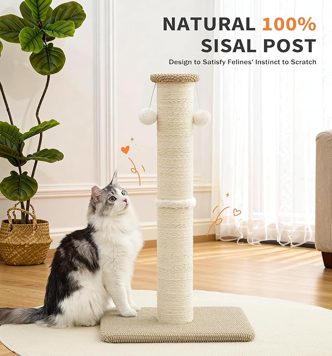 Made4Pets Tall Cat Scratching Post, 33" Natural Sisal Cat Scratcher with Hanging Balls, Heavy Duty and Thicker Scratching Post for Indoor Cats Adults, Sturdy Base Cat Scratch Post, Beige