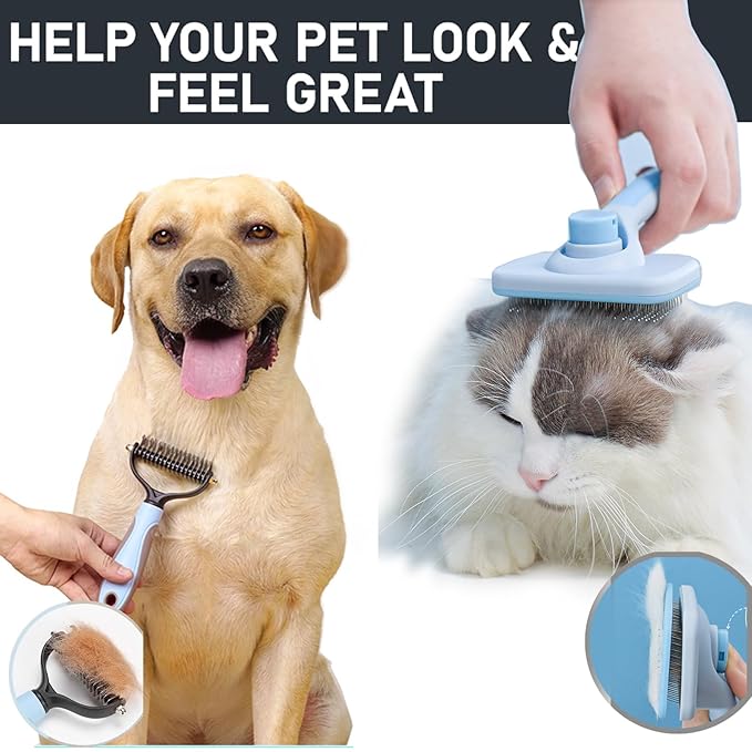 2PCS pet hair removal comb & Dog Brushes & cat brushes & Pet Grooming Rake & Bath Brush for Dogs,Cats and Horses | Skin Friendly Deshedding Grooming Tool & Double-Sided Dematting Tool (blue)