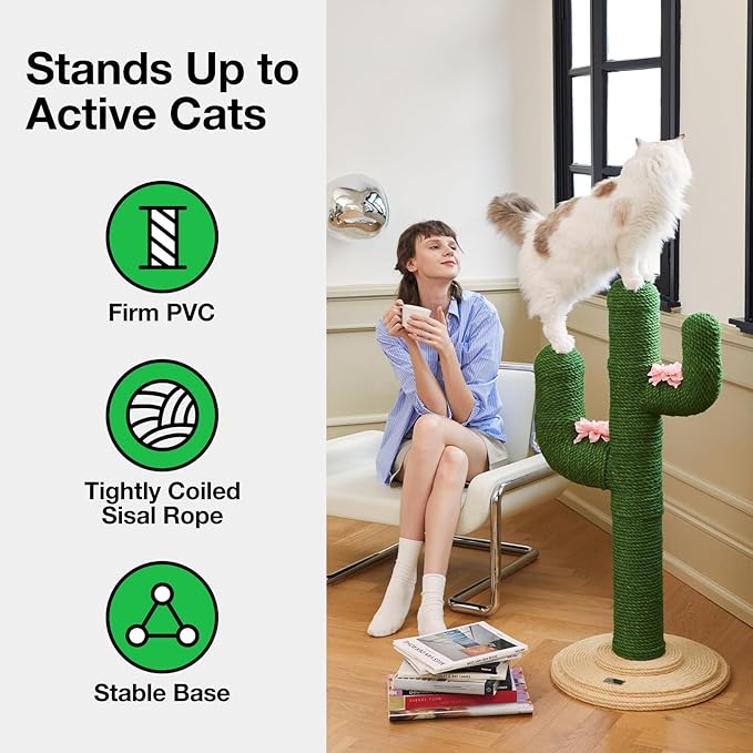 VETRESKA Cat Scratching Post, Cactus Scratch Posts for Indoor Adult Cats Kittens, 41.3 Inches Large Jute Cat Scratcher, Extra Large Cat Scratcher, Durable Cat Scratch Tree for Active Cats