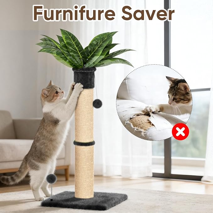 XiaZ Cat Scratching Post 34 Inches Tall, Cat Tower Scratcher Extra Wide 15.8" Stable Base with 2 Interactive Toy Balls, Premium Natural Sisal & Plush Fabric for Any Size Cats (Dark Gray, 4.5in)