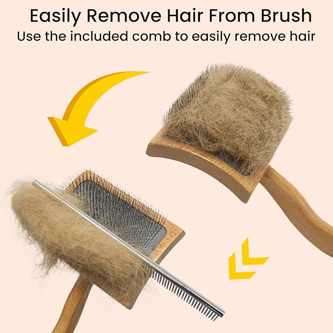 Dog Slicker Brush for Shedding,Dog Brush for Long Haired Dogs & Remove Tangles & Mats,Ergonomic Handle Grooming Like Professional,Beech Wood,S