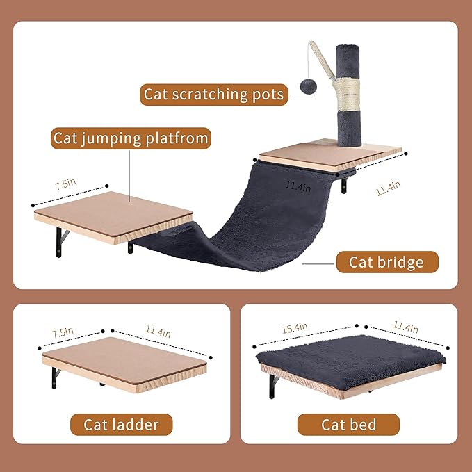 Cat Shelves for Wall,Solid Wood Cat Wall Furniture,with Hammock,Jumping Boards,Sofa,Steps,Scratching Post,Hanging Ball and Felt Pads, Suit for Cats Climb, Jump,Scratch-Dark
