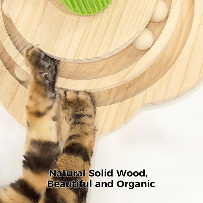 TINYBEAST Wooden Cat Scratching Post, 4 in 1 Cat Scratcher Toy with Cat Ball Tracks, 25" Tall Sisal Scratch Post for Indoor Kittens Adult Cats, Interactive Feather Toy and 4 Sisal Hanging Balls