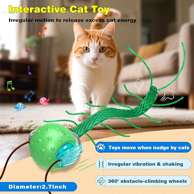 Interactive Cat Toys for Indoor Cats, Moving Cat Ball with Tail, Fast Rolling on Carpet, Chirping & Motion Activate Toy for Bored Indoor Adult Cats