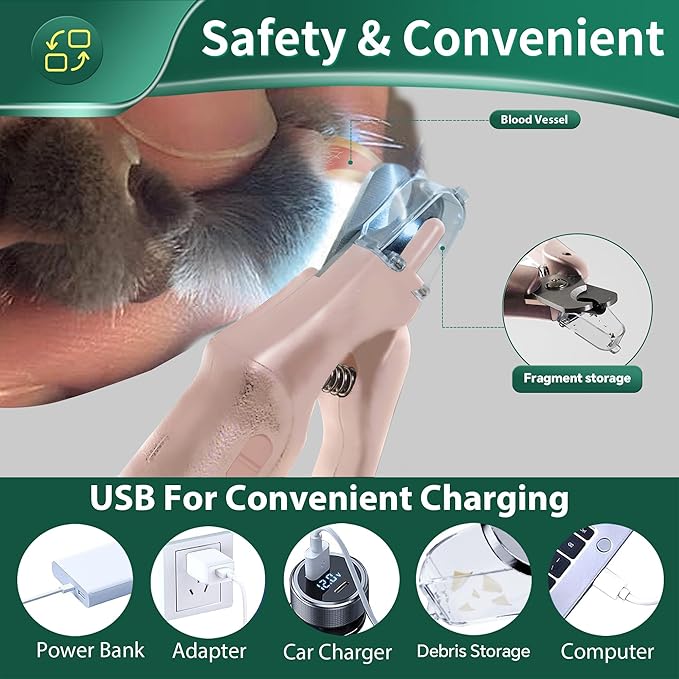2 in 1 Dog Nail Clippers & Cat Nail Clippers Trimmers for Large Medium Small Dogs Cats Claw Trimmer Quick Sensor and Safety Guard USB Rechargeable Dogs Nail Trimmer with Catcher & 2 LED Lights