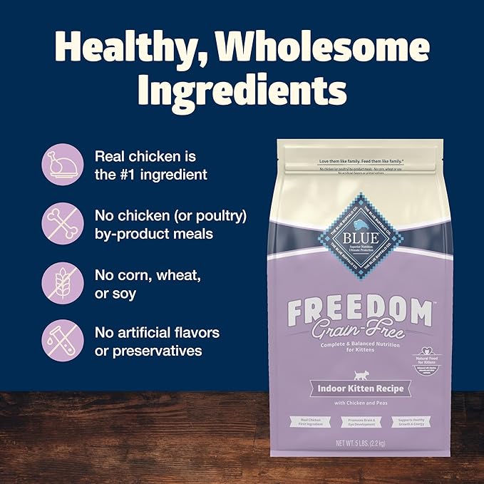 Blue Buffalo Freedom Grain-Free Indoor Dry Kitten Food with DHA, Complete & Balanced Nutrition for Kittens, Chicken Recipe, 5-lb. Bag