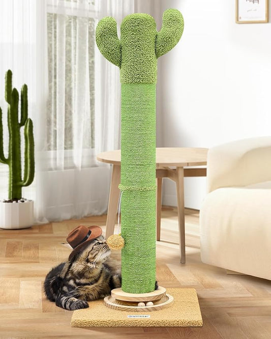 Globlazer Extra Thick Scratching Posts for Indoor Large Cats Adults, 37inch Cactus Cat Scratching Post Cat Scratcher Cute Sisal Scratching Post with Modern Wooden Ball Tracking Interactive Toys, SC37