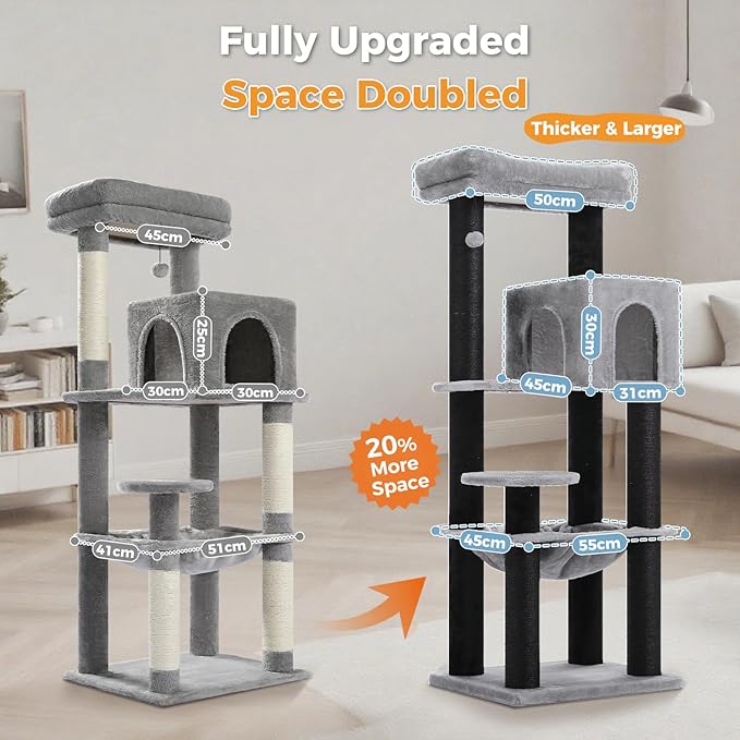 Large Cat Tree for Indoor Cats Large Adult, 57.8" Heavy Duty Cat Tower with Reinforced Scratching Posts (φ3.7in) and Plush Larger Hammock for Maine Coon & Big Cats, Supports 30lbs, Black