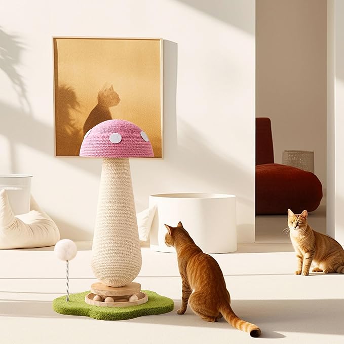 Mushroom Cat Scratching Post Cat Tree, 21.5‘’ H Cute Cat Scratcher Tower with Durable Solid Wood Turntable Toy, Baby Pink Mushroom Scratch Post Cat Sisal Scratcher with Catnip for Indoor Adult Cats