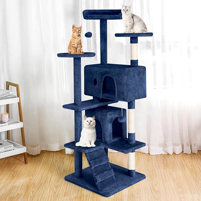 PayLessHere Cat Tree 54in Cat Tower with Cat Scratching Post, Multi-Level Cat Condo Stand House Furniture Kitty Activity Center with Furry Ball Toys for Indoor Cats (Navy Blue)