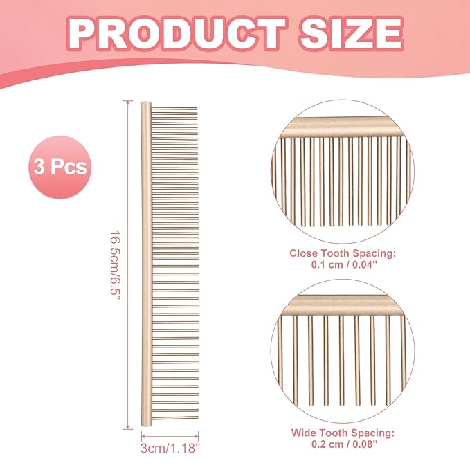 Dog Cat Comb, Pet Combs Stainless Steel Teeth with Rounded Ends for Knots Mats Loose Hair Removal, 6.5IN (Gold Coated, 3 Pack), Grooming Tool Intended for Long Curly Hair Pet