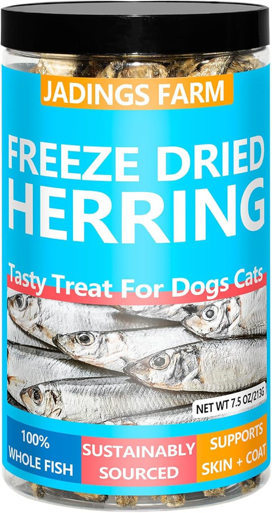 Herring Fish Dog Treats, Freeze Dried, Wild-Caught, Single Ingredient, High-Protein, Omega 3 & 6 for Skin & Coat, No Additives, Grain-Free Cat & Dog Treats (7.5 oz)
