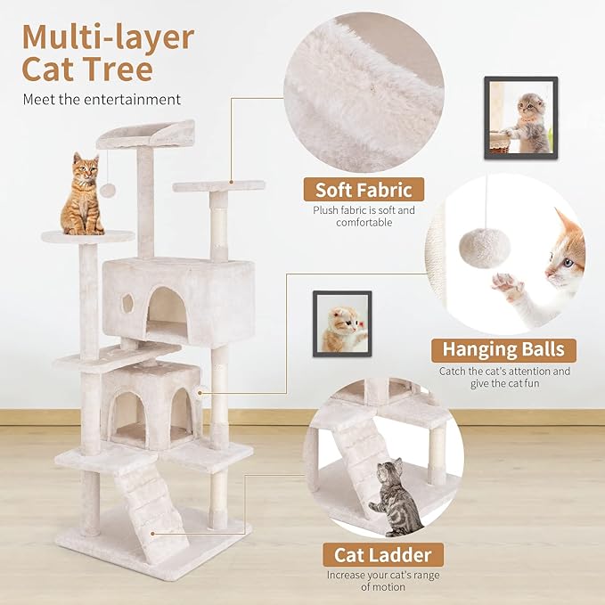 PayLessHere Cat Tree 54in Tower with Cat Scratching Post,Multi-Level Stand House Furniture Kitty Activity Center with Furry Ball Toys for Indoor (Beige)