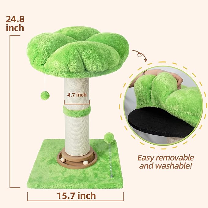 Fantasreen Scratching Post 25 Inch Tall Cat Scratcher for Indoor, Interactive Ball, Small Cat Tree with Bed for Kittens and Large Cats, Green