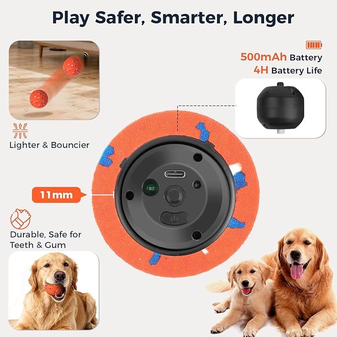 2 Pack Interactive Dog Balls - Auto Moving Bouncing Vibrating Washable Dog Toys for Large Medium Dogs, Type-C Rechargeable, Blue and Orange, Grid Pattern