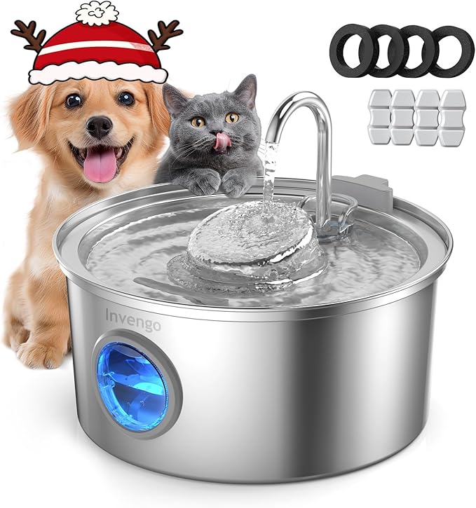 Cat Water Fountain Stainless Steel, 3.2L/108oz Pet Drinking Fountain for Cats Dogs, Automatic Cat Fountain with 2 Flow Modes, Splash-Proof Bowl, Includes 4 Replacement Filters