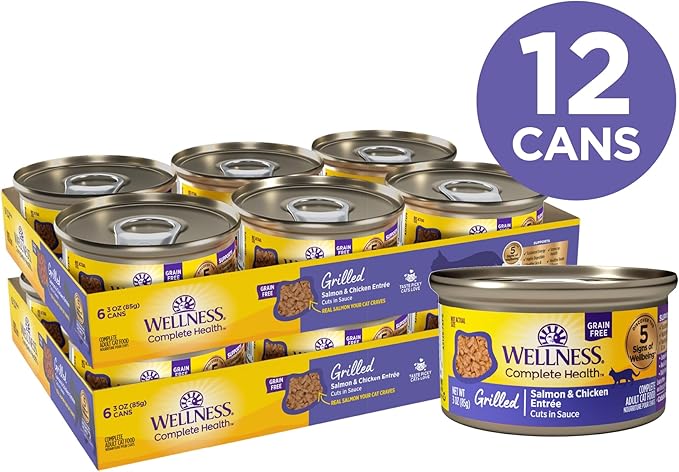 Wellness Complete Health Grilled, Adult Wet Cat Food, Natural, Protein-Rich, Grain-Free, Canned, 3 Ounce, 12 Pack, (Salmon and Chicken Entrée Recipe)