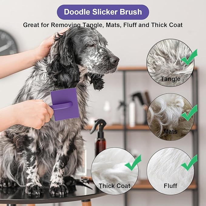Slicker Brush for Long Haired Dog, Long Bristle Dog Brush, Professional Grooming Tool for Poodle, Goldendoodles, Labradoodles, Easy to Remove Loose Fur, Tangles, Mats, Fluff, Purple
