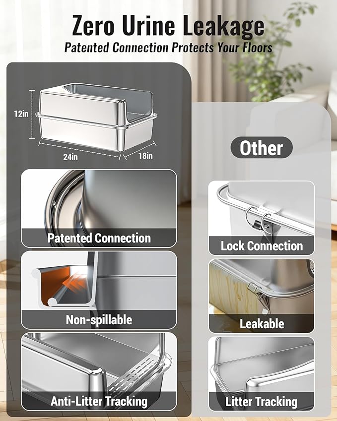 PETNF All Metal Cat Litter Box - All Stainless Steel Litter Box, Odor-Free Large Capacity with Included Litter Scoop, Leak-Proof High-Sided, Easy-to-Maintain for Big Cats & Multi-Cat Homes (2 Pack)