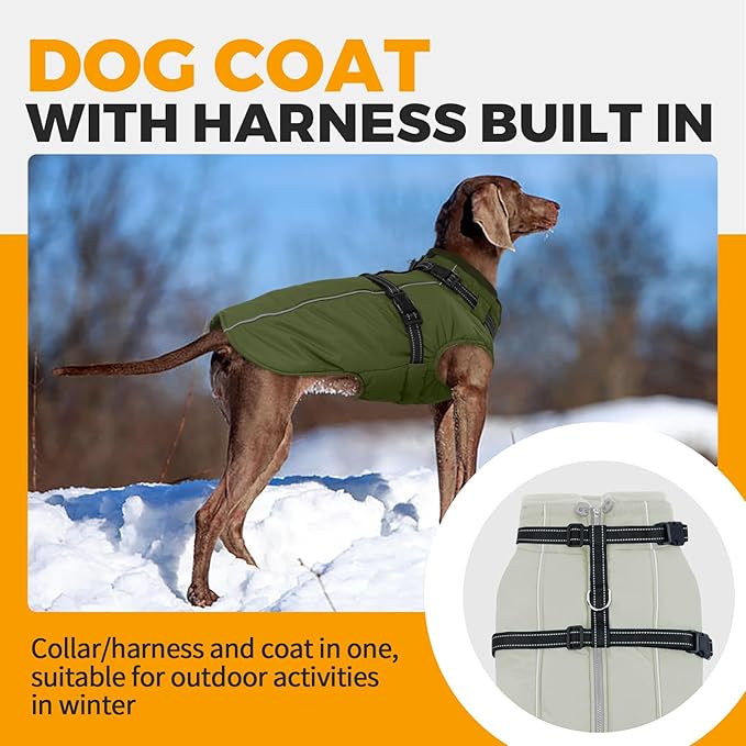 Lelepet Waterproof Dog Jacket with Harness Built in Warm Dog Winter Coat, Reflective Jacket Fleece Jacket, Dogs Coats for Small Dogs, Thermal Pet Snowsuit for Cold Weather, Yorkshire, Army Green, S