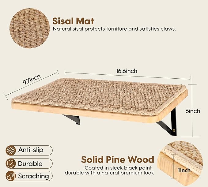 2PCS Cat Wall Shelves with Scratching Mat, 16.6x9.7 Inch Large Cat Wall Hammock Cats Furniture Shelf Window Perch Wall Mounted Beds for Household Pets Sleeping, Playing, Climbing