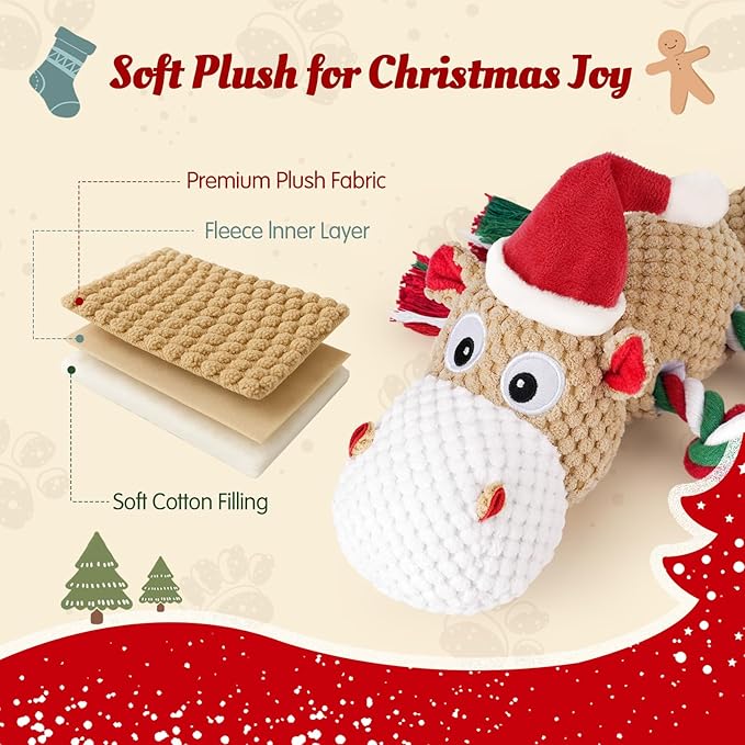 Christmas Dog Toys for Large Dogs - Squeaky Hippo Plush Dog Toys with Crinkle Paper, Cotton Ropes for Tug Games, Ideal Xmas Gift