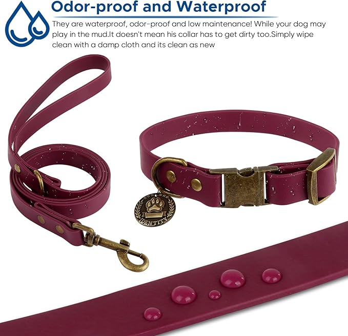 Wisedog Dog Collar and Leash Set, Waterproof Adjustable Puppy Collars with Cute Tag 4FT Dog Leash with Poop Bag for Small Medium Large Dogs (XS, Burgundy)