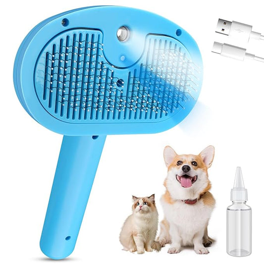 4-in-1 Pet Steam Brush for Dogs,Self-Cleaning Cat&Dog Brush for Shedding Long & Short Haired Dogs,Gentle Cat Steam Brushes for Indoor Cats with Spary Pet Hair Remover for Massage,Grooming Blue