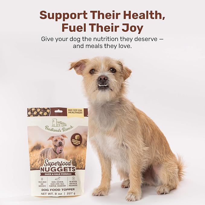 BADLANDS RANCH Superfood Nuggets – Freeze-Dried Raw Dog Treat & Food Topper, Nutrient-Dense Duck & Kale Formula, High Protein, No Artificial Additives, 8oz Bags (4-Pack Bundle)
