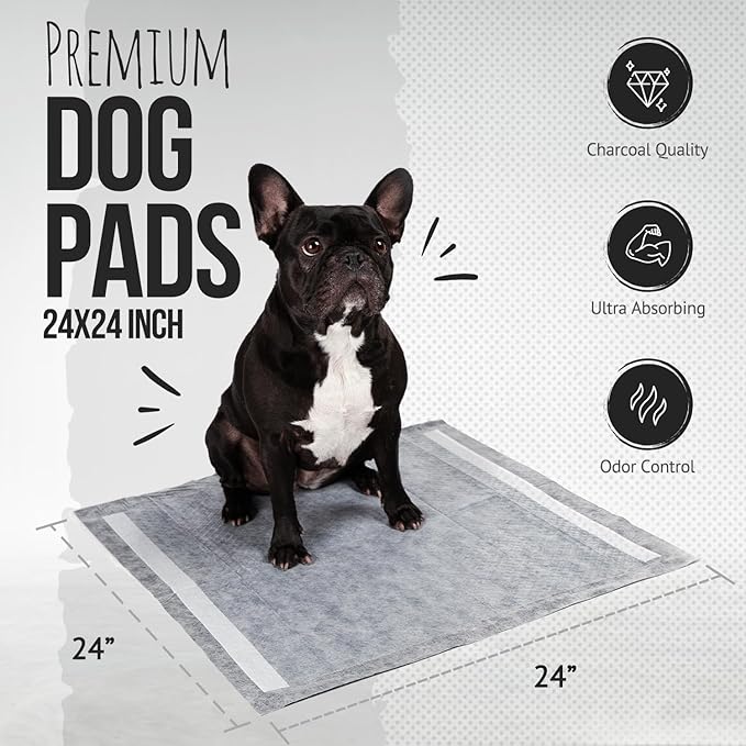 Bulldoglogy Carbon Black Puppy Pee Pads with Adhesive Sticky Tape - Large Charcoal Housebreaking Dog Training Wee Pads (24x24) 6 Layers with Extra Quick Dry Bullsorbent Polymer Tech (100-Count)