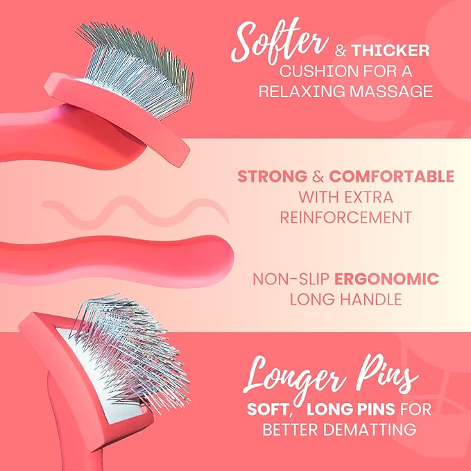 Pet Slicker Brush With Soft Massage Grooming Stainless Steel Pins - For Dematting, Shedding Fur, and Undercoat - Ideal Gift for Professional Pet Groomers - Long Slicker Brush (Coral, Curved Small)