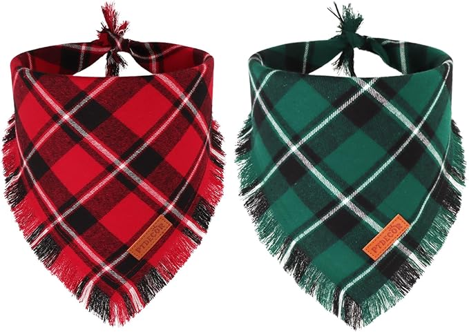 PTDECOR Christmas Dog Bandanas with Tassels Edges, 2 Pack Stylish Red Green Plaid Scarf Bibs, Premium Cotton Fabric, Reversible Triangle Christmas Bandanas for Small Dogs Puppies Cats(Small)