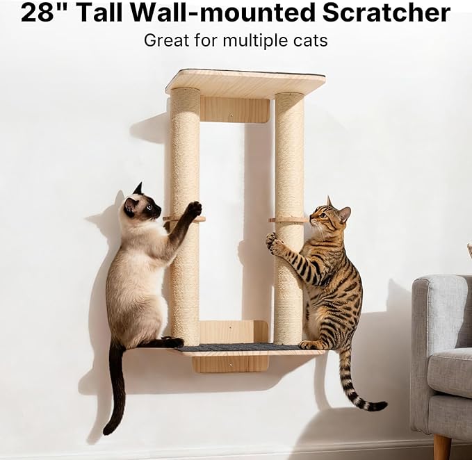 Veehoo Wall Mounted Cat Scratcher, 28.3" Cat Wall Scratcher with Dual Sisal Scratching Posts and Large Carpeted Perch, Corner Climbing Pole for Indoor Cats