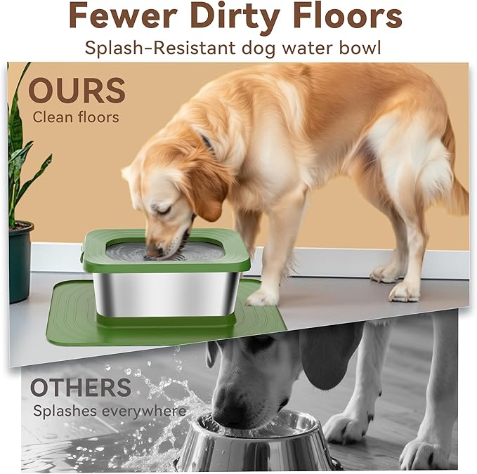10L No Spill Dog Water Bowl, 2.6 Gal Stainless Steel No Splash Large Dog Water Bowl with Non-Slip Silicone Mat, Spill Proof Slow Drinking Pet Bowls for Messy Drinkers Indoor/Outdoor Use