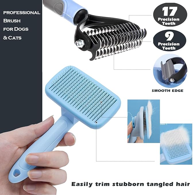 2PCS pet hair removal comb & Dog Brushes & cat brushes & Pet Grooming Rake & Bath Brush for Dogs,Cats and Horses | Skin Friendly Deshedding Grooming Tool & Double-Sided Dematting Tool (blue)