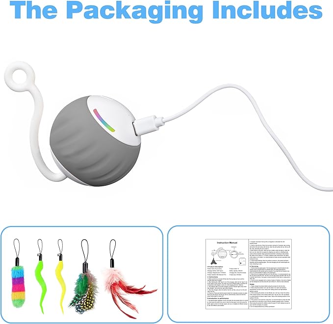 Interactive Cat Toy for Indoor (Sounds&Touch Control) Smart Cat Toys - Automatic Moving Cat Ball Toy - Fast Slow 2Speed with Feathers Tail&Lights for Kittens, Older Cats, Bored Cats, USB Rechargeable