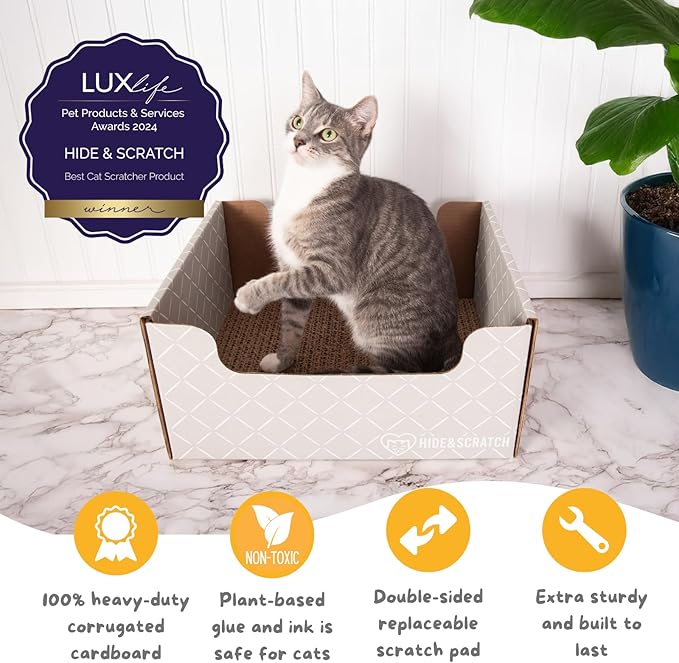Hide & Scratch Cardboard Cat Scratcher Box & Bed - Light Grey Diamond | Double-Sided Corrugated Pad for Indoor Cats | Refillable Scratching Board Toy for Play & Furniture Protection