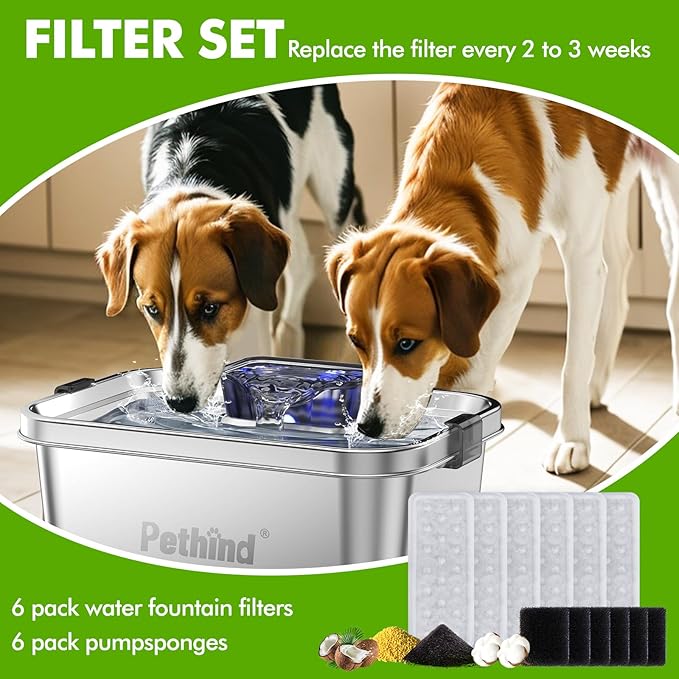6 Pack Dog Water Fountain Filters and 6 Pack Sponges, Suitable for Stainless Steel Dog Water Fountain (PF-SS-01/PF-SS-02/PF-SS-03/PF-SS-04), High Efficiency Filtration, Idividual Package