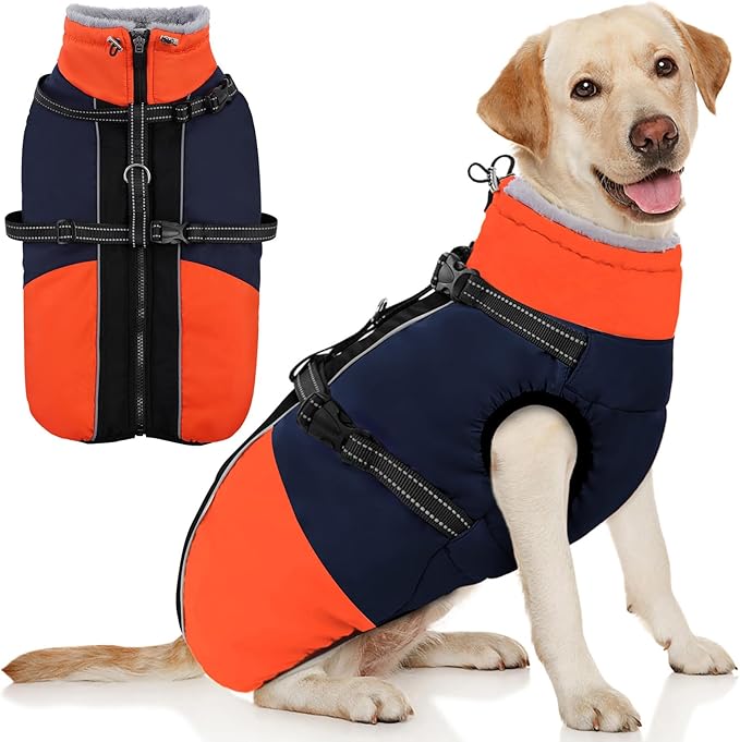 AOFITEE Dog Coat for Large Dogs, Waterproof Dog Winter Jacket with Built in Harness, Warm Turtleneck Cold Weather Coats Large, Reflective Fleece Lined Snow Jacket for French Bulldog, Boston Terrier, L