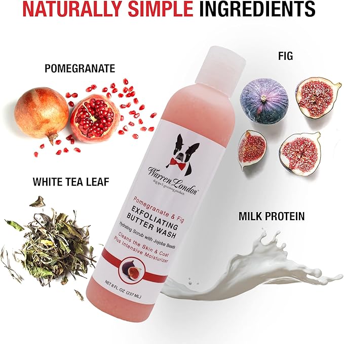 Warren London Exfoliating Butter Wash – Pomegranate & Fig Dog Shampoo, 8 oz | Cleans, Exfoliates & Conditions in One | Jojoba Beads Relieve Dry, Itchy Skin | Non-Oily Shine | Made in USA
