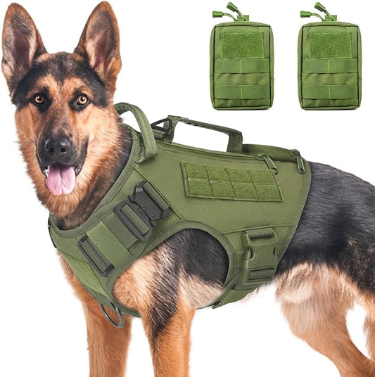 Tactical Dog Backpack Harness for Large Breed Original Design Metal Buckle Vest with Side Bags Pouches for Service Working Training (Green (with 2 Pouches), XL)