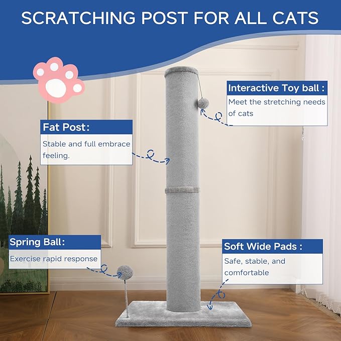 Cat Scratching Post Carpet Scratching Post 40" for Indoor Cats, Tall Cat Scratch Post, Carpet Cats Scratcher with Replaceable Toys, Sturdy Base, Large, Light Gray