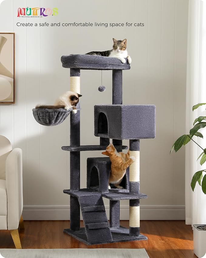 Cat Tree for Large Cats Adult with Super Large Top Perch, 56.3" Tower with Plush Hammock, Shelves and Dangling Pompom, Scratching Posts and 2 Condos House, Dark Gray