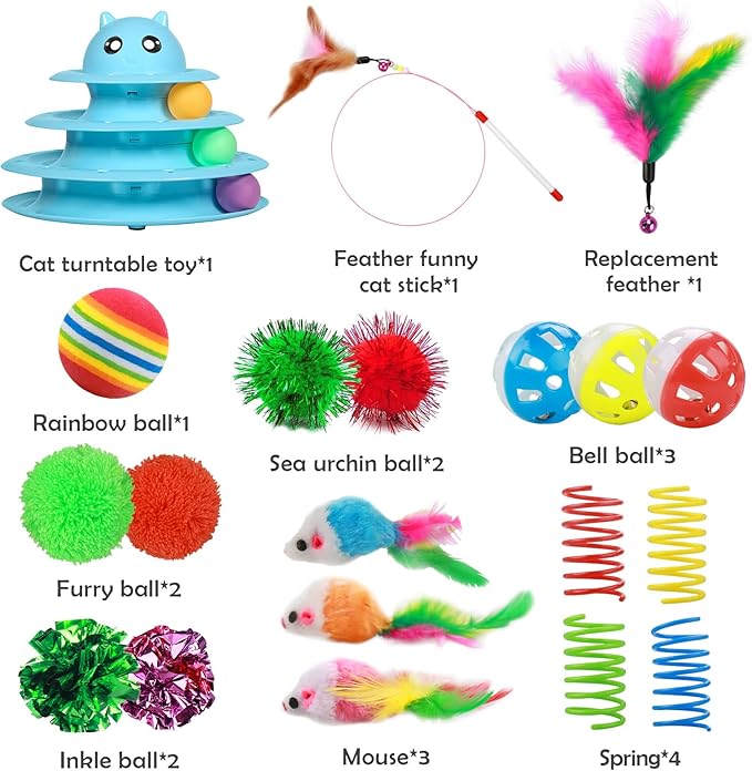 UPSKY 20 PCS Cat Roller Toy 3-Level Turntable for Indoor Cats - Kitten Set With Teaser, Mice, Spring, and Various Ball Toys