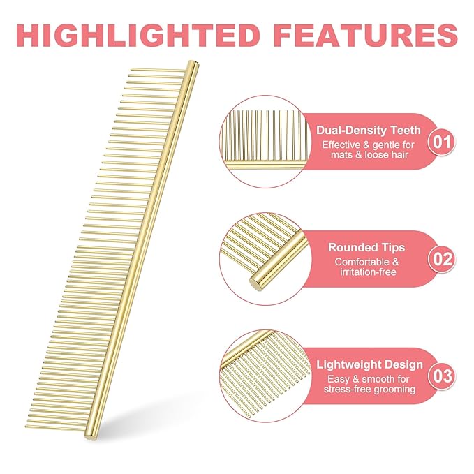 Dog Cat Comb, Pet Combs Stainless Steel Teeth with Rounded Ends for Knots Mats Loose Hair Removal, 7.5IN (Gold Plated, 3 Pack), Grooming Tool Intended for Long Curly Hair Pet