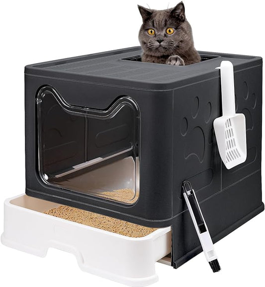 Foldable Cat Litter Box with Lid, Enclosed Potty, Large Top Entry Anti-Splashing Toilet, Easy to Clean Including Litter Scoop and 2-in-1 Cleaning Brush (Black)