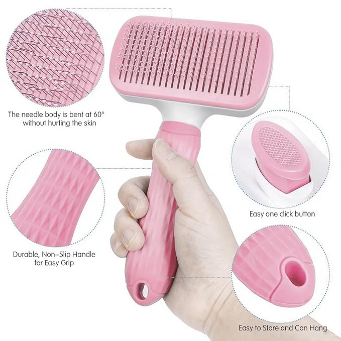 Self Cleaning Slicker Brush, Dog Cat Bunny Pet Grooming Shedding Brush, Easy to Remove Loose Undercoat, Pet Massaging Tool Suitable for Pets with Long or Short Hair (Baby Pink)