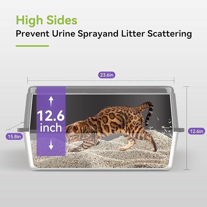 High Sides Odor Free No Sticky Extra Large Steel Cat Litter Box with Scoop, Tall Wall No Smell 24"X16"X13" Stainless Metal Kitty Litterbox, Grey