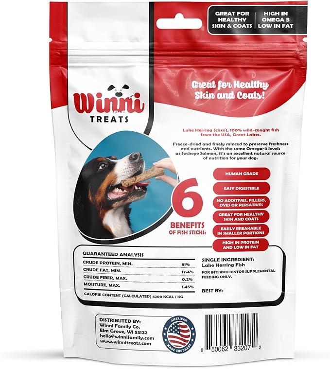Winni Treats Freeze Dried Fish Sticks for Dogs - Single Ingredient, Preservative-Free, Premium Wild-Caught, Great Lakes Cisco Fish, High in Protein, Omega 3, Low Fat, Fish Treats for Dogs (3 Ounces)